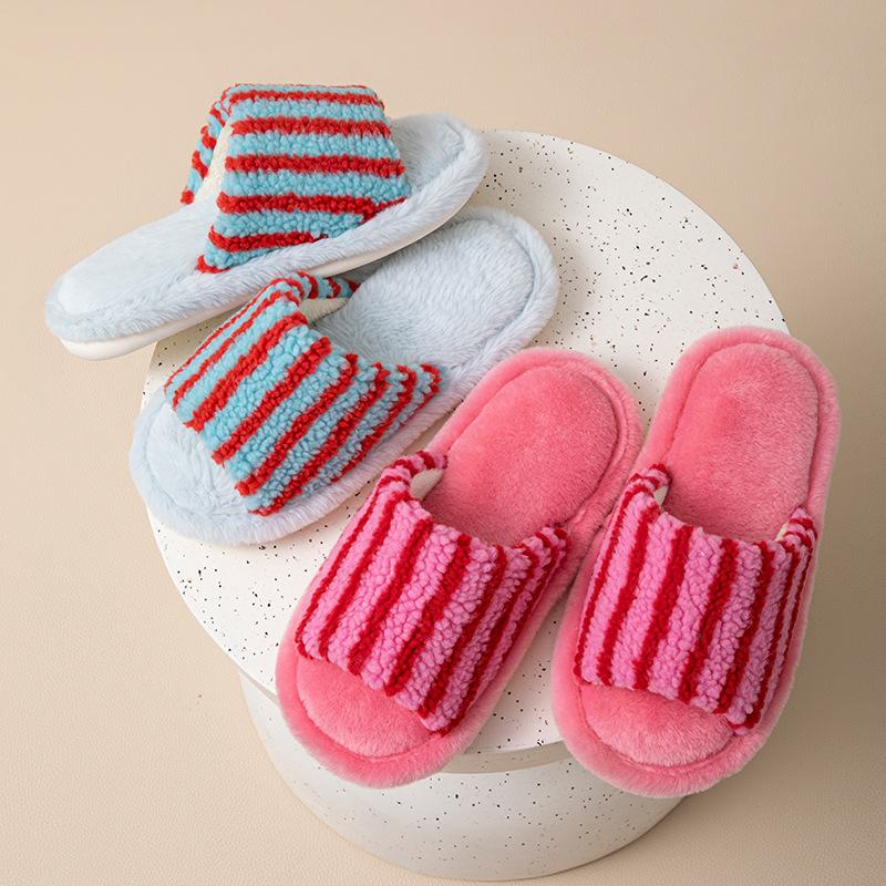Womens Striped Open Toe Slippers Fluffy Home Slippers Soft Cotton Design House Shoes for Women