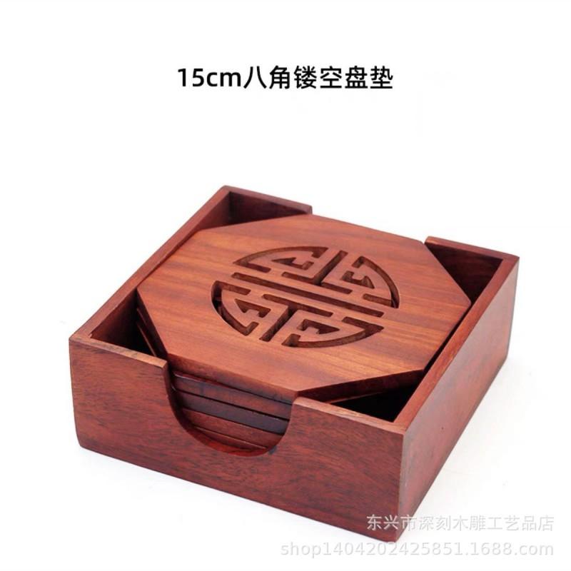 Wooden Coaster Set Tea Cup Table Mat Heat Resistant Handcrafted Floral Carved Dining Accessory Modern Minimalist