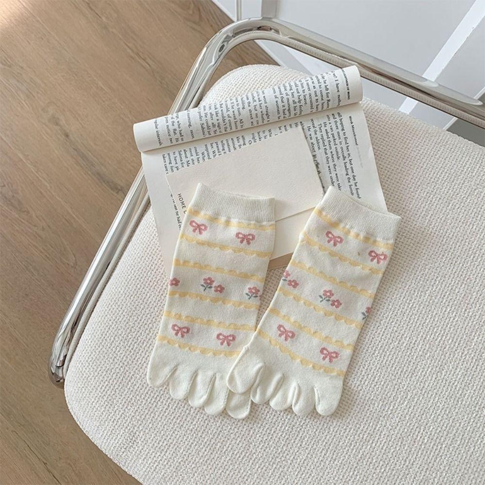 2Pairs Flower Bow Cotton Toe Socks Heart Boat Tube Socks Women Fashion Toe Separated Socks Daily