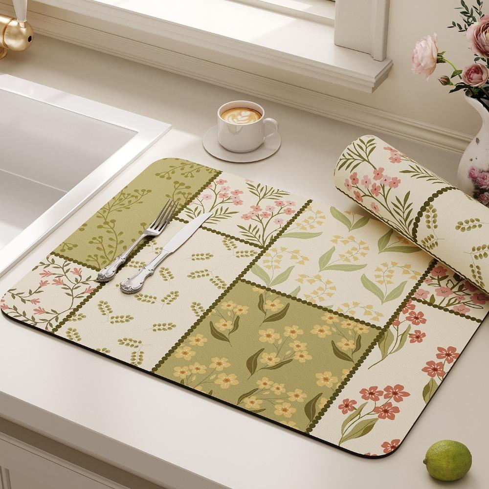 Heat Resistant Kitchen Drain Mat Floral Print Absorbent Mat Coffee Machine Mat Sink Area