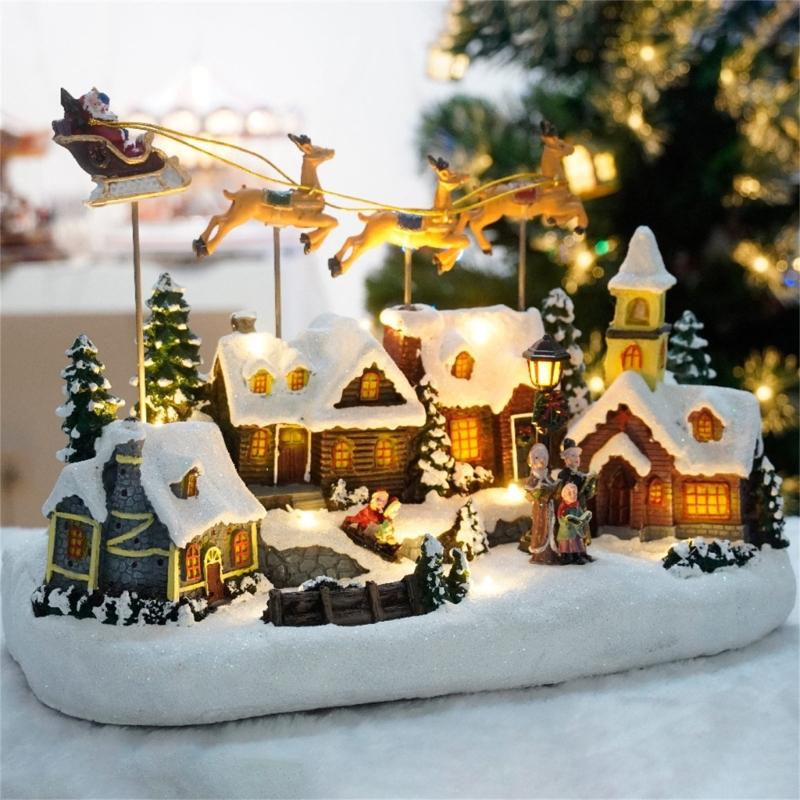 Musical Light Up Reindeer Christmas Ornament Resin Village House Festival Table Decoration For Living Room Bedroom