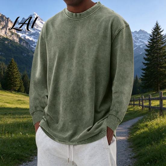 Vintage Washed Crewneck Tops Pullover Tops Relaxed Fit Distressed Raglan Sweatshirt Crew Soft Brushed Fabric Apparel Neck Long Sleeve Shirt
