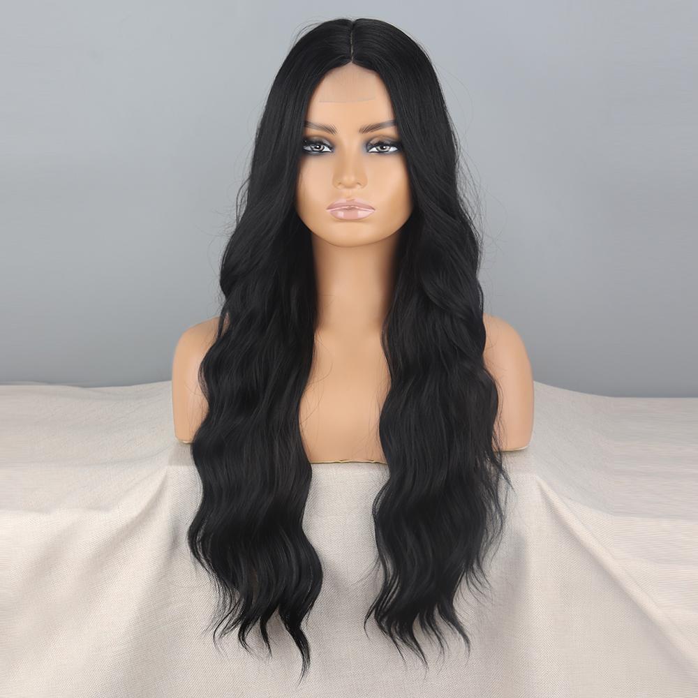LISI HAIR Women Long Wavy Natural Black Lace Front Wig Without Bangs Synthetic Fiber Water Wave Daily Wear Cosplay Wig
