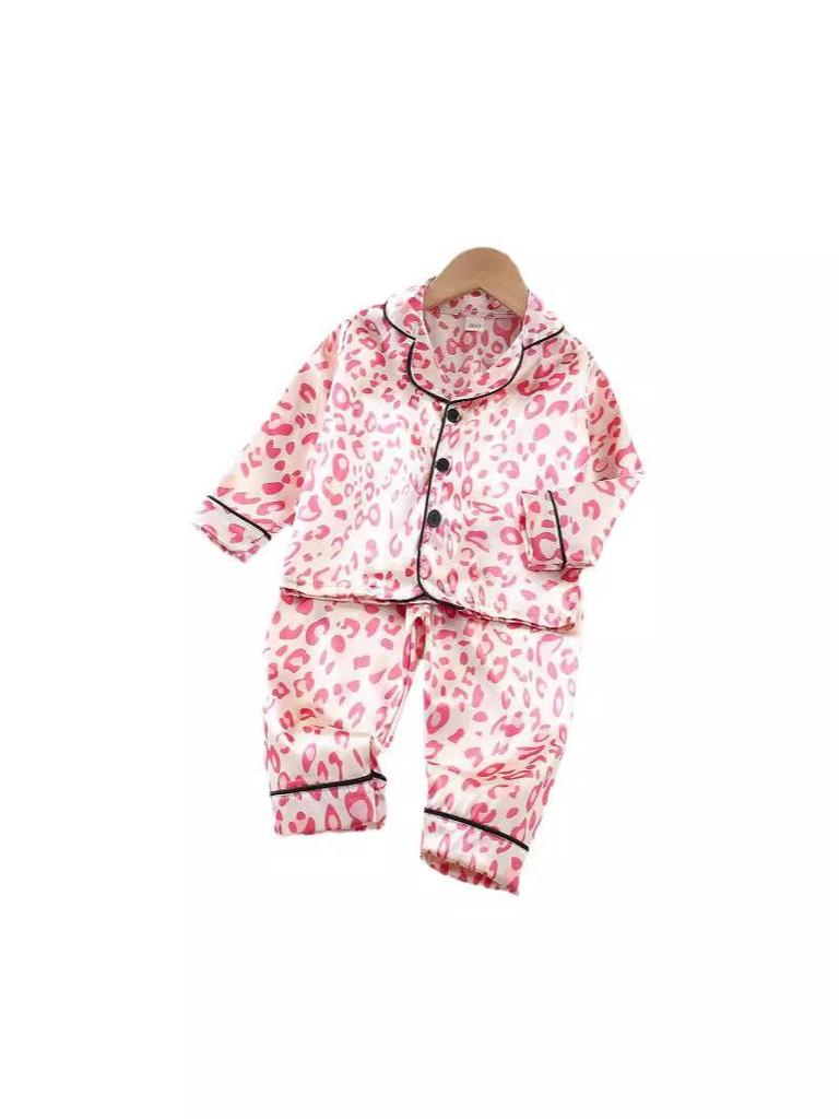 Leopard Print Silk Pajama Set - Long Sleeve for Children (Spring to Autumn)
