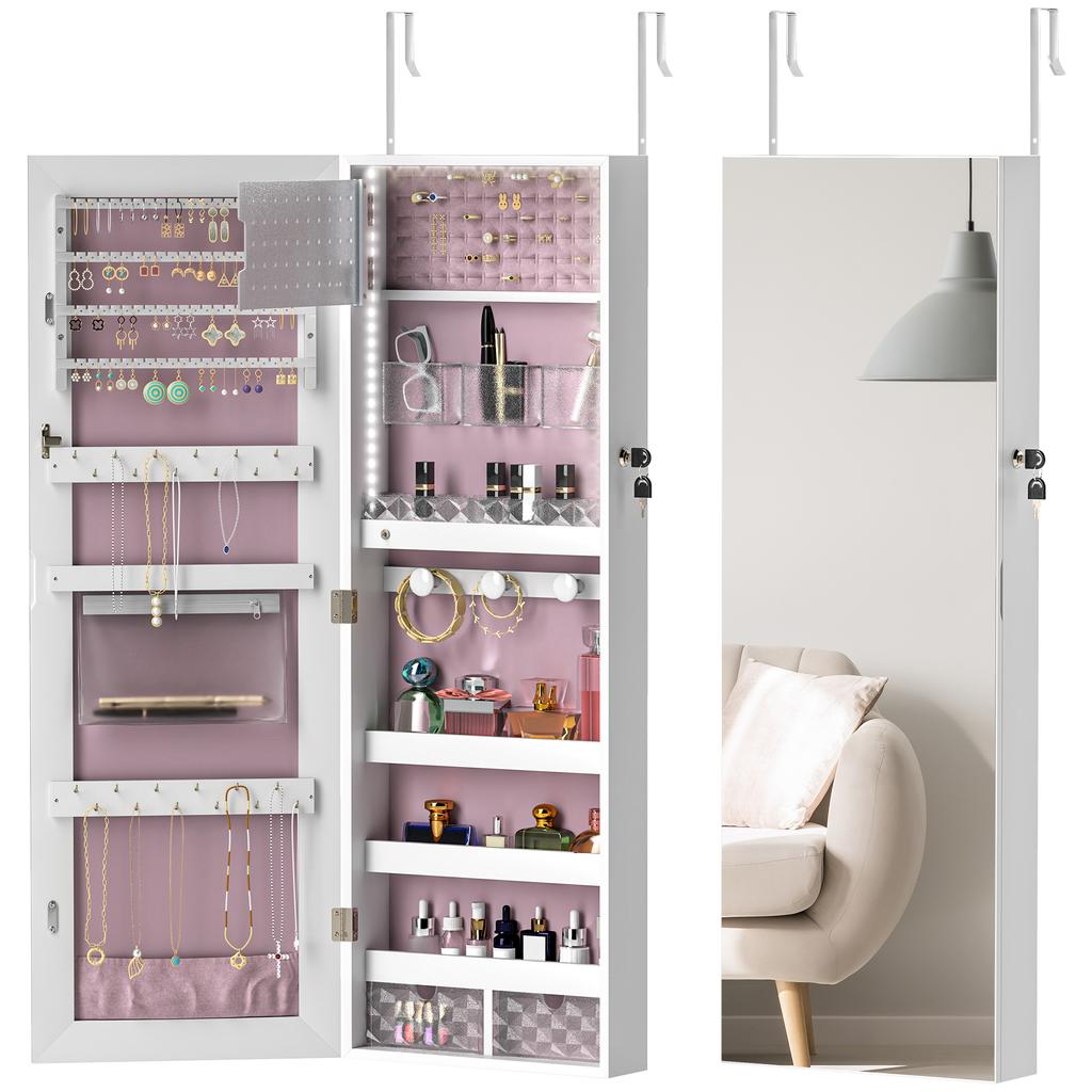 108 x 37cm Lockable Jewellery Cabinet, with LED Lights - White Surface and Pink Lining