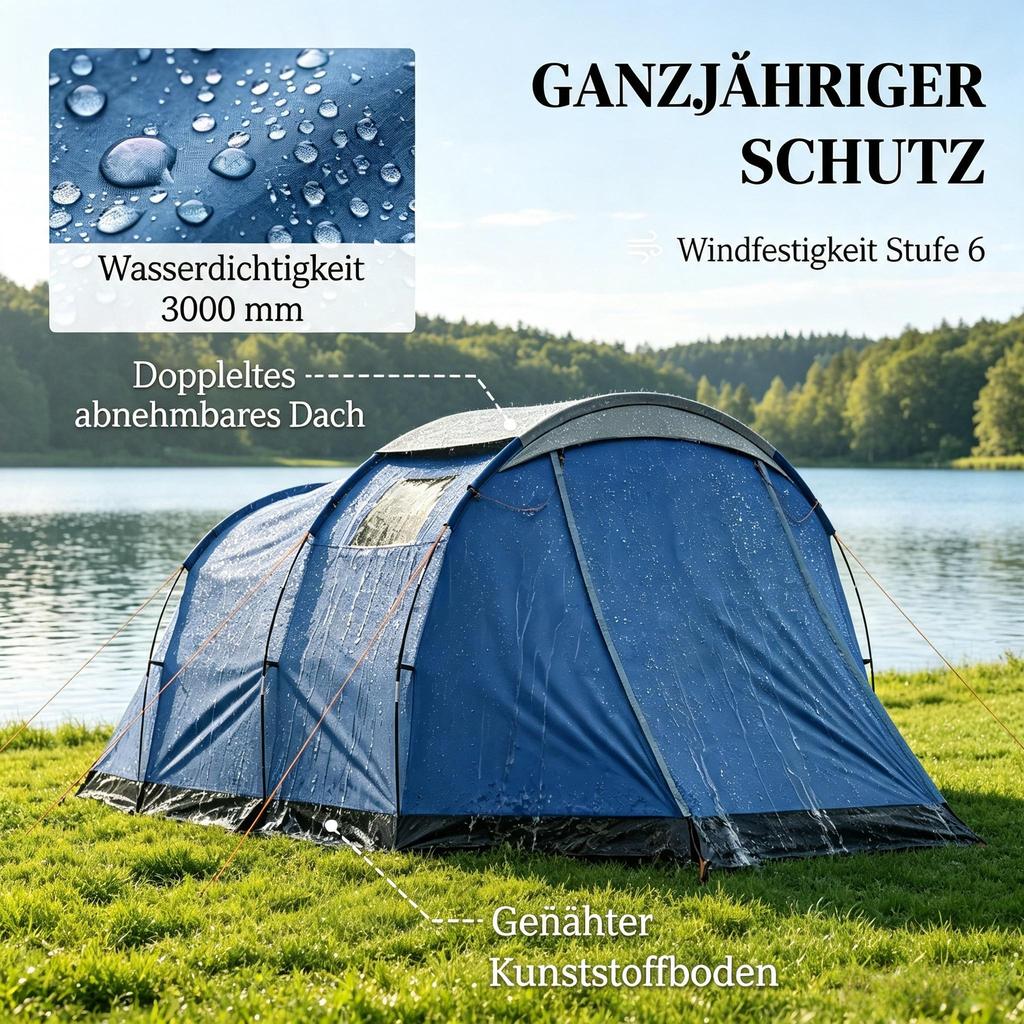 4 Person Tunnel Tent Camping, Waterproof 3000mm, Double Wall, Standing Height 190cm, Blue