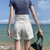Women's High Waist A-Line Denim Shorts - Summer Straight Leg, Double Button, Loose Fit with Rolled Hem, Trendy Wide Leg Design
