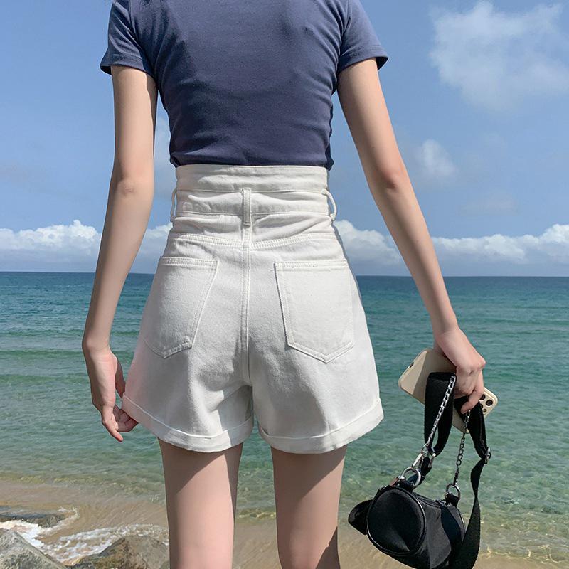 Women's High Waist A-Line Denim Shorts - Summer Straight Leg, Double Button, Loose Fit with Rolled Hem, Trendy Wide Leg Design
