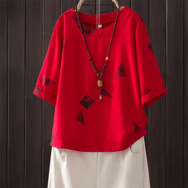 

Женская футболка Летняя Большого размера Хлопковая Футболка с принтом Мягкая Свободная Повседневная С круглым вырезом Пуловер Блузка Топ XXXXL красный