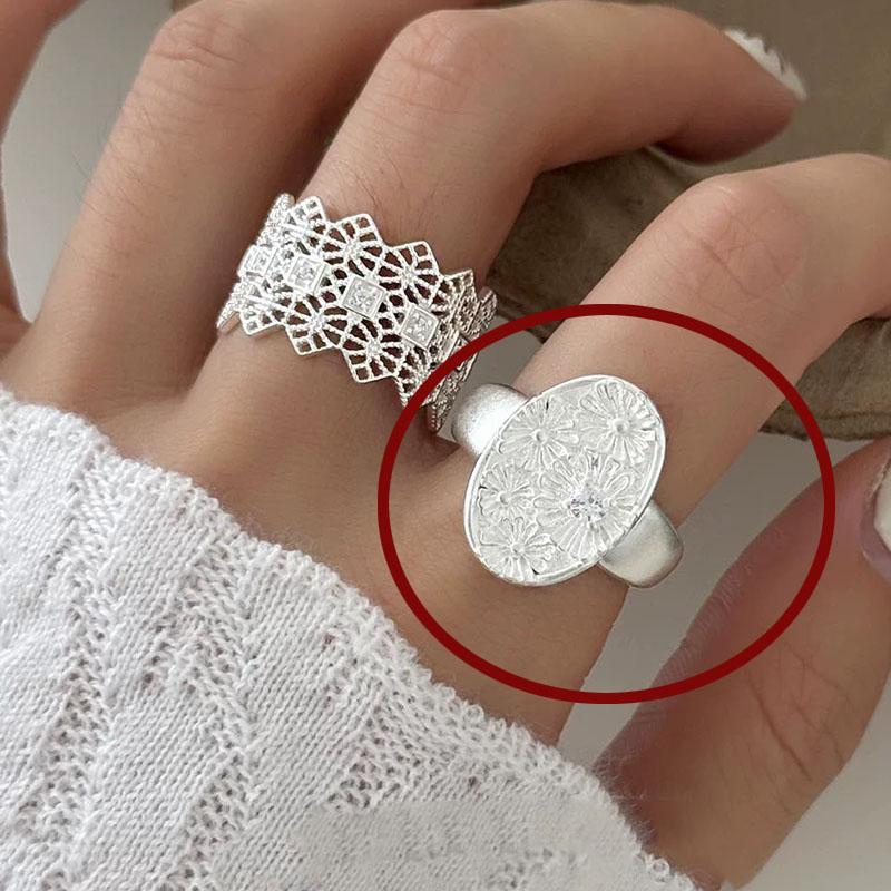 

925 Sterling Silver Rings For Women Geometric Fine Jewelry Finger Adjustable Simple Oval Flower Ring For Party Birthday Gift resizable