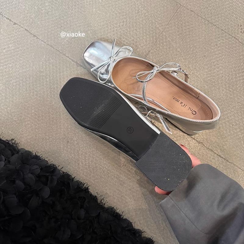 French bow light mouth silver single shoes women's spring and autumn new retro fairy ballet thick heel Mary Jane small leather shoes