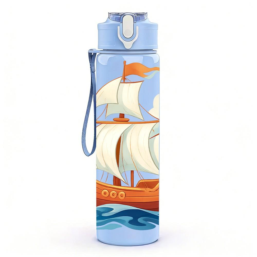 1PC Old Fashion Sailboat Ocean Pattern 750ml Color Plastic Sports Water Bottle Leakproof Flip Straw Lid Suitable for Sports Office Home Use