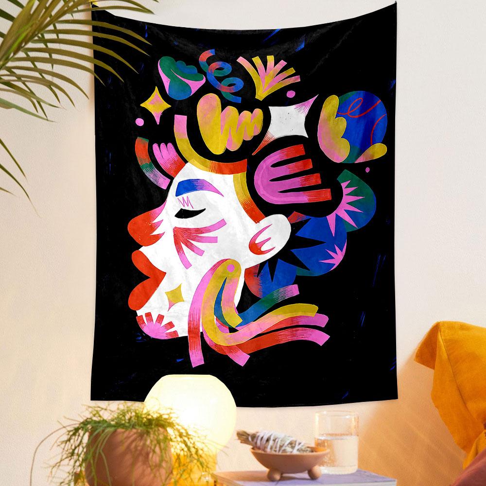 Abstract Colorful Face on Black Patterned tapestry home decor, suitable for bedroom and living room, gift