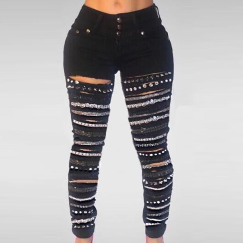 Fashion Women Chain Ripped Skinny Jeans 