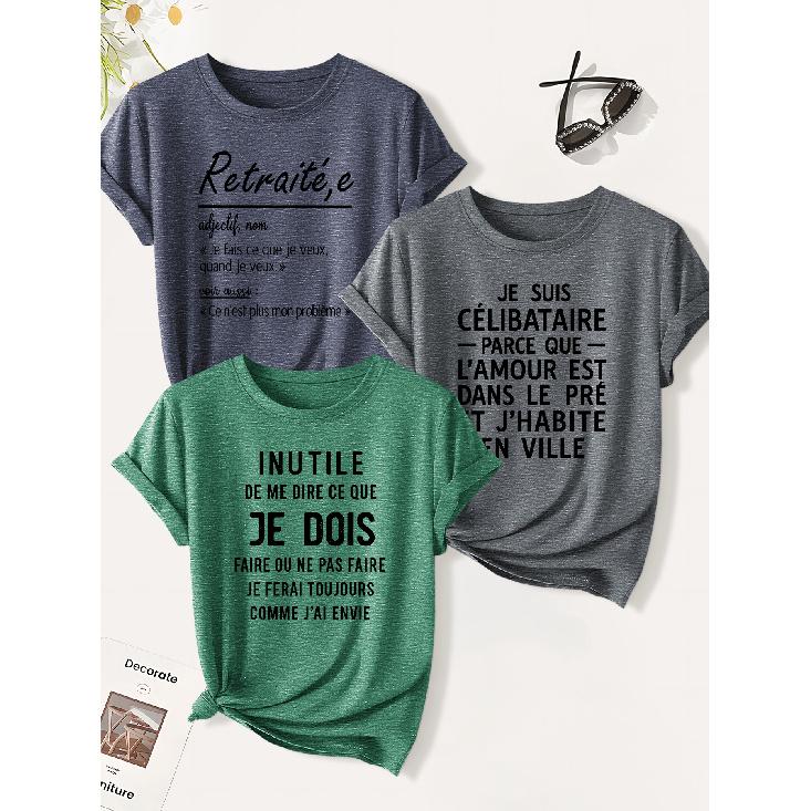 3 Pack of women's summer tops | French Retirement Humor Print T Shirt | Cute and trendy casual round-neck short-sleeve suit | 2026 Summer vintage