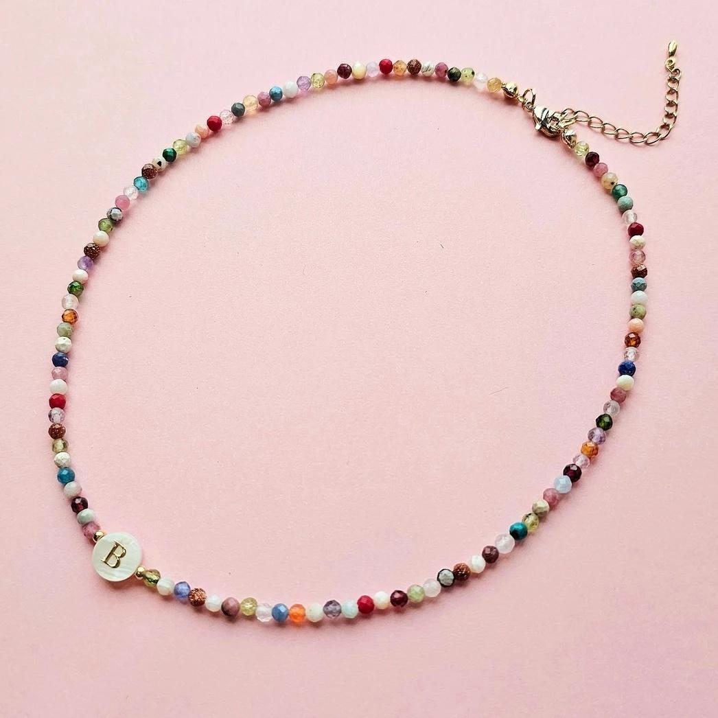 Vlen Multicolor Natural Stone Beaded Initial Choker Necklace Bohemian Handmade Personalized Letter Shell Charm Jewelry Gift A