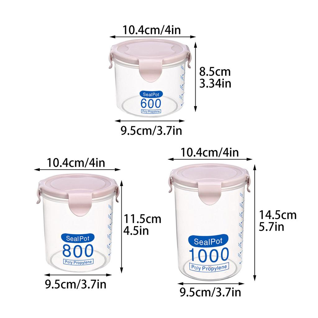 Pink 3pcs PP Storage Jars Set Airtight Clear Containers for Fridge Pantry Cereal Grain 600 800 1000ml