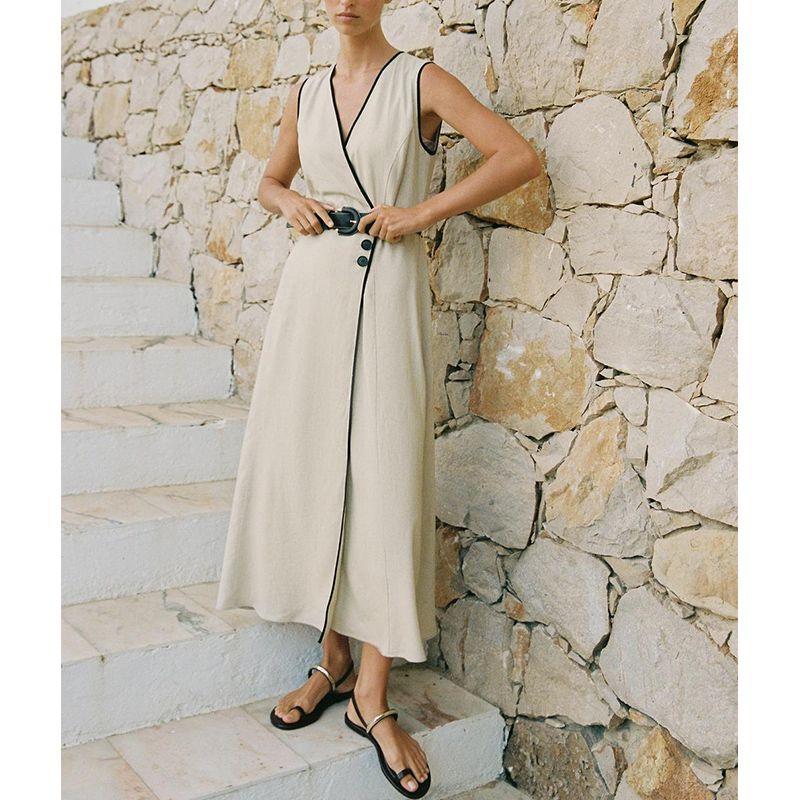 Summer New Product Women's Clothes French Contrast Color Trim Double Breasted V Neck with Belt Midi Skirt Dress 3655939