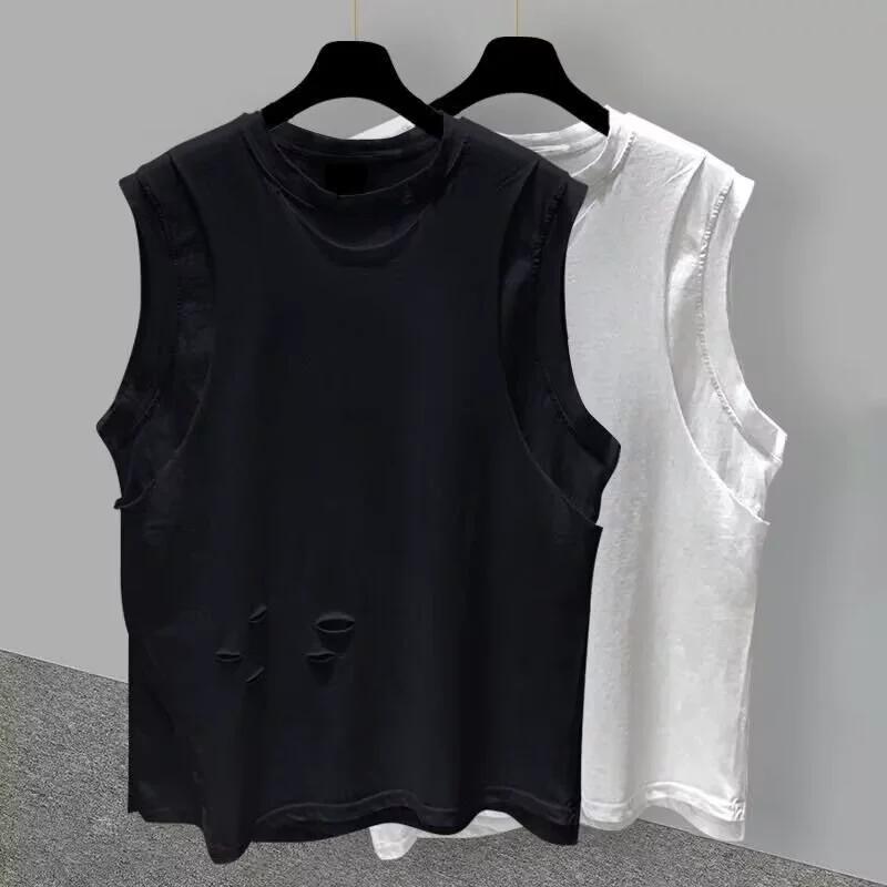 Men's Spring and Autumn Solid Colour Round Neck Casual Loose Shoulders Vest Hole Sleeveless T-shirt