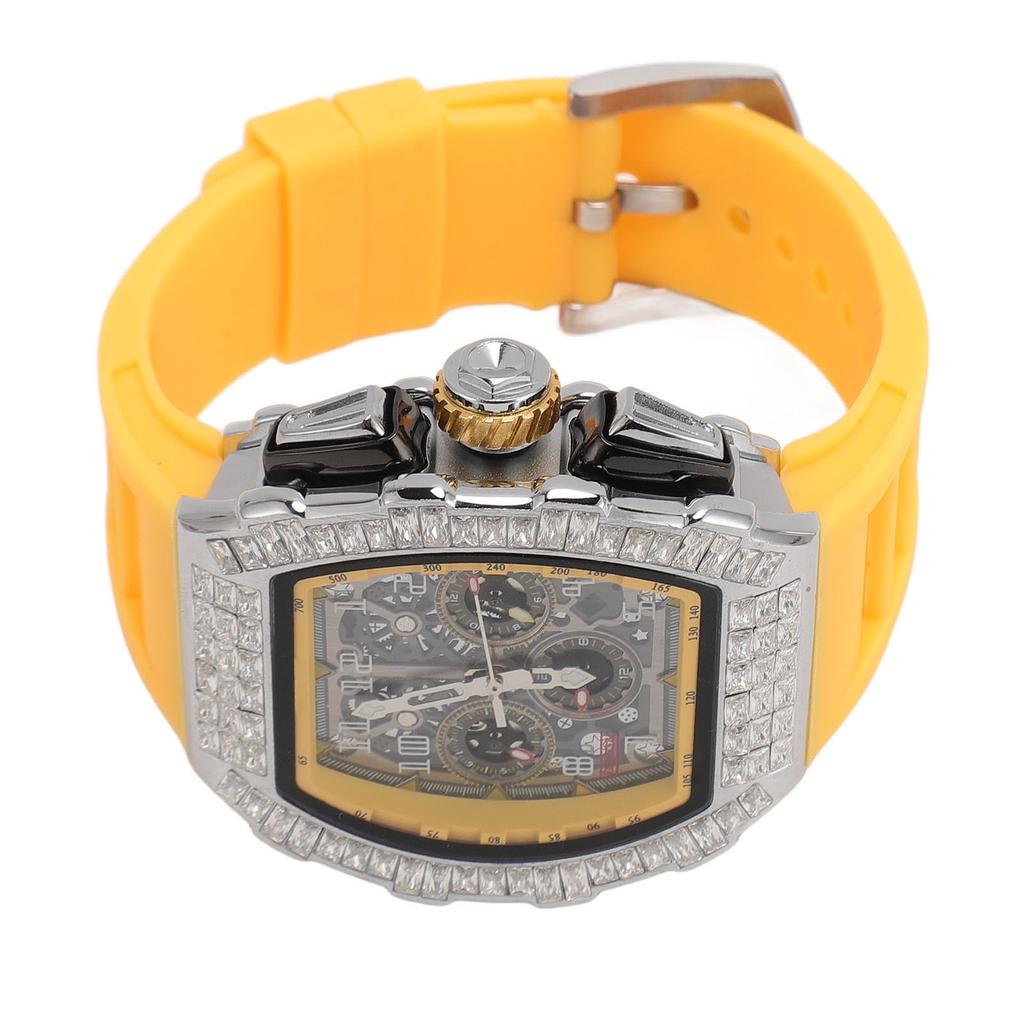 Men Mechanical Watch 30M Waterproof Dial Hollow Automatic Mechanical Wrist Watch with Silicone Strap Silver Yellow