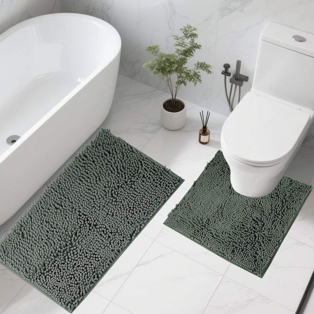 1/2Piece Loop Bath Mats for Bathroom Non Slip Chenille Bath Mat Set Rugs with Water Absorbent Pedestal Bathmat Shower Toilet Mat