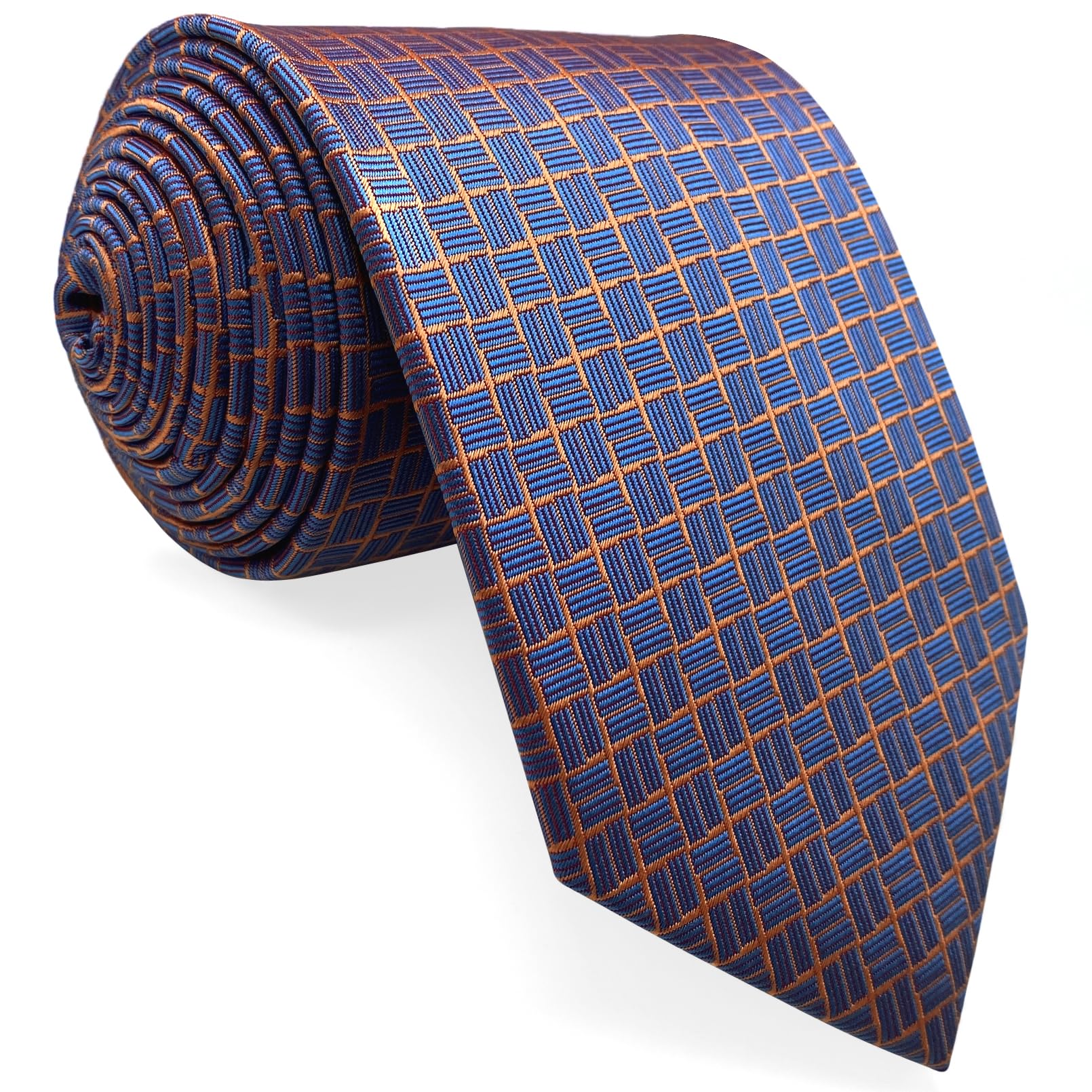 

[S&W SHLAX&WING] Мужской галстук, Геометрический узор, Синий и Оранжевый, Тканый клетчатый узор, Для костюма, Шелковистый на ощупь, Подарок шаферу, Классический, 147 см