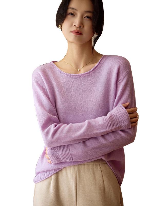 Women's 100% Pure Wool Round Neck Sweater - Rolled Hem, Versatile Knit Pullover for Autumn & Winter