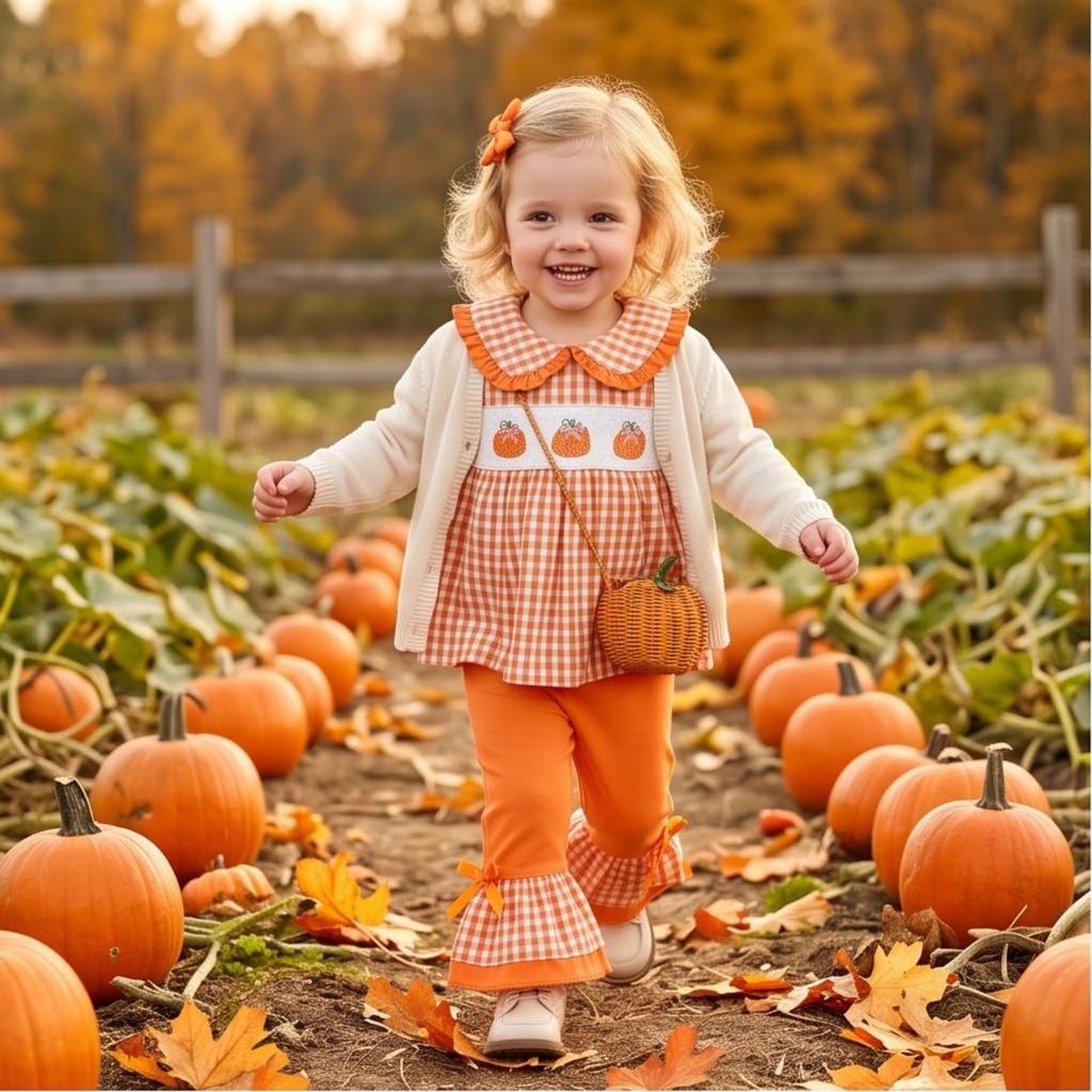 Kleinkind Mädchen Halloween Kürbis Stickerei Langarm Rundhals Pullover Sweatshirt und Elastische Taille Ausgestellte Hose Set