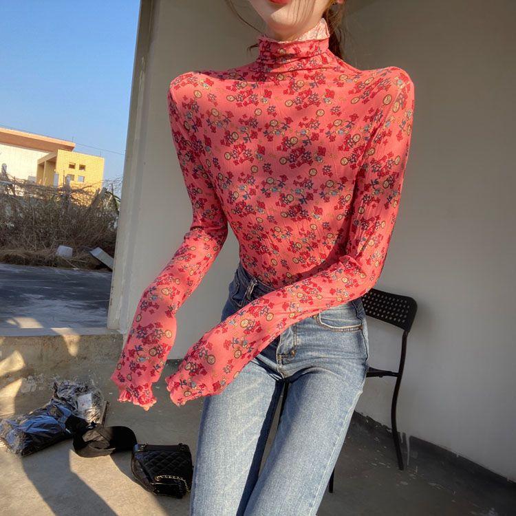 Hong Kong Style Vintage Chic Slimming Floral Top Women's Sexy Mesh Base Layer High Neck Sun Protection Shirt