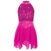 Girls Lyrical Dance Costume Sparkle Rhinestones Keyhole Back Irregular Chiffon Hem Skating Dress