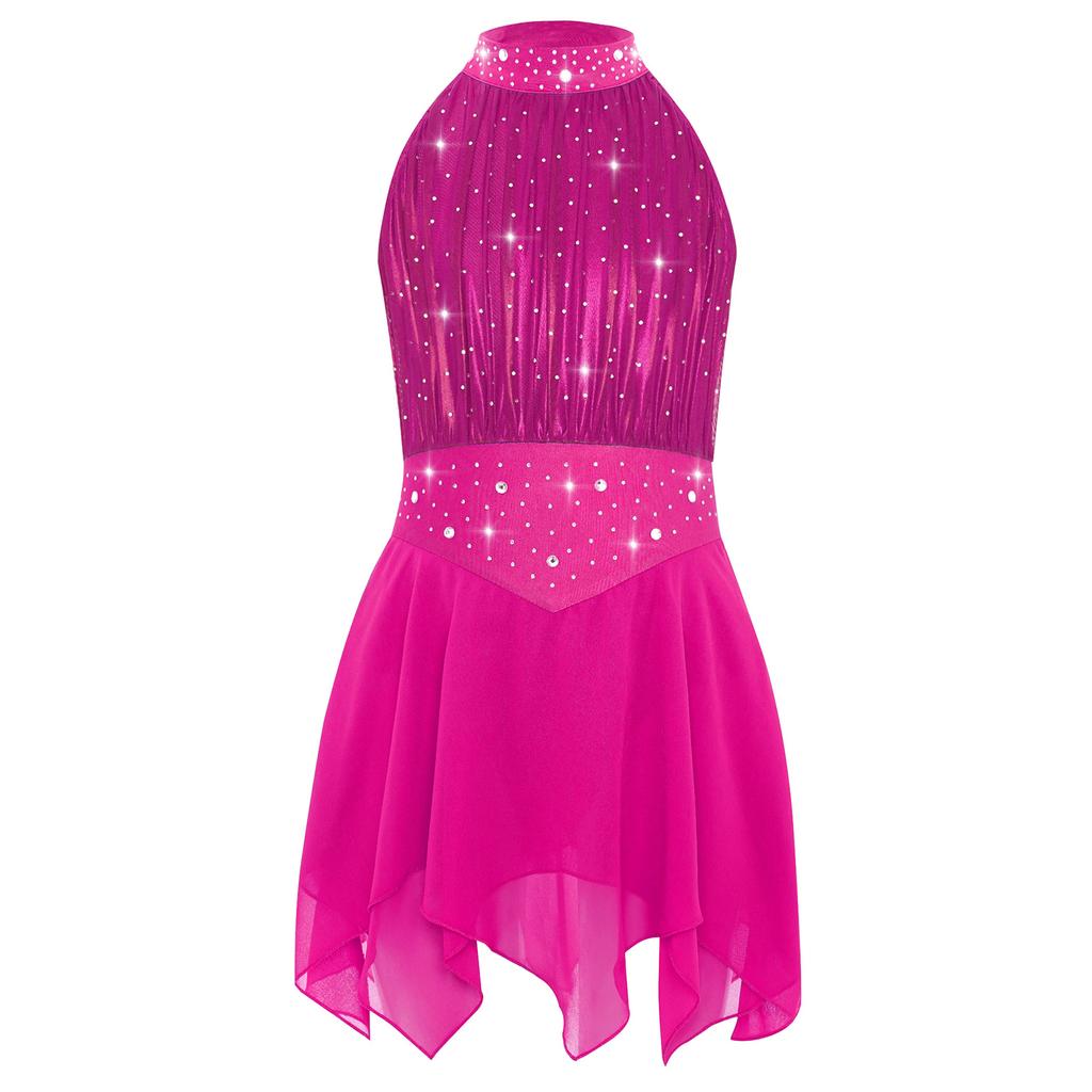 Girls Lyrical Dance Costume Sparkle Rhinestones Keyhole Back Irregular Chiffon Hem Skating Dress