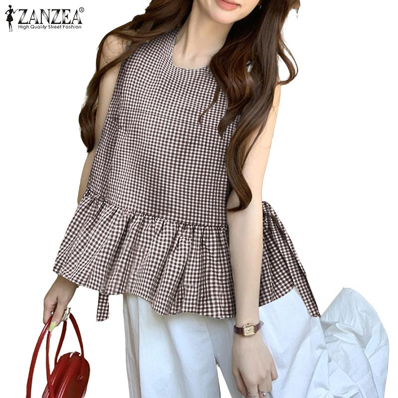 ZANZEA Women Casual Round Neck Summer Sleeveless Grid Print Tank Tops