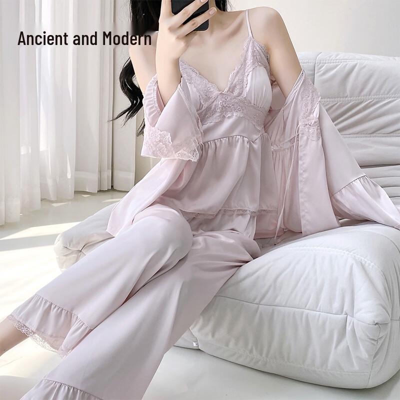 GUJIN Women s Ice Silk 3-Piece Pajama Set L