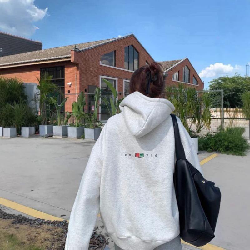 Autumn Winter Letter Printing Pullover Hoodies Women Vintage Loose Casual Simple All-match Hooded Sweatshirt