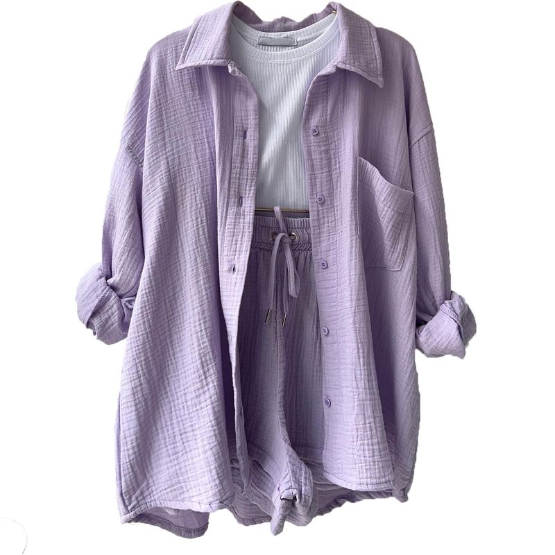 

Fashion Style 2023 Lapel Shirt Drawstring Shorts Suit Long Sleeve Shirt Shorts Suit Light purple S