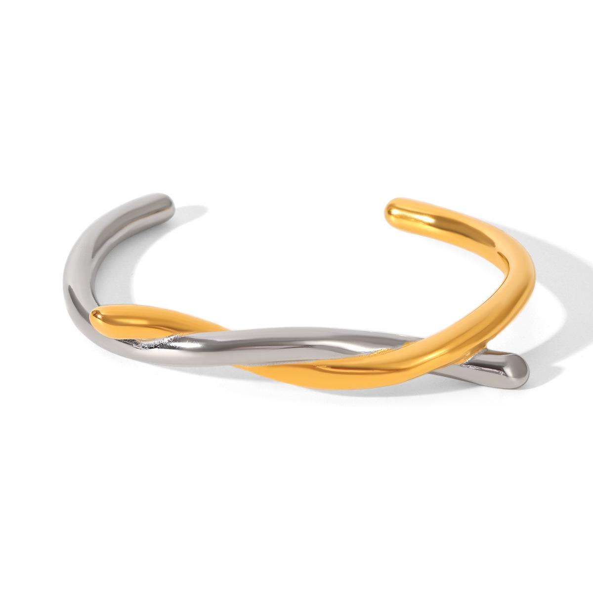 

Gold and silver color-block stainless steel bangle, niche high-end knotted open cuff, titanium steel jewelry
