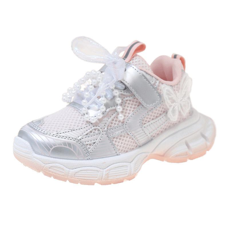 Girls cute sneakers 2025 spring and autumn new mesh pearl national style bow dad shoes running shoes tide