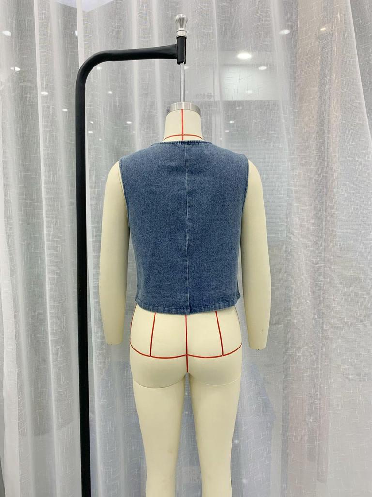 2025 Summer Women's Casual Denim Vest and High Waist Skirt Set with Lapels