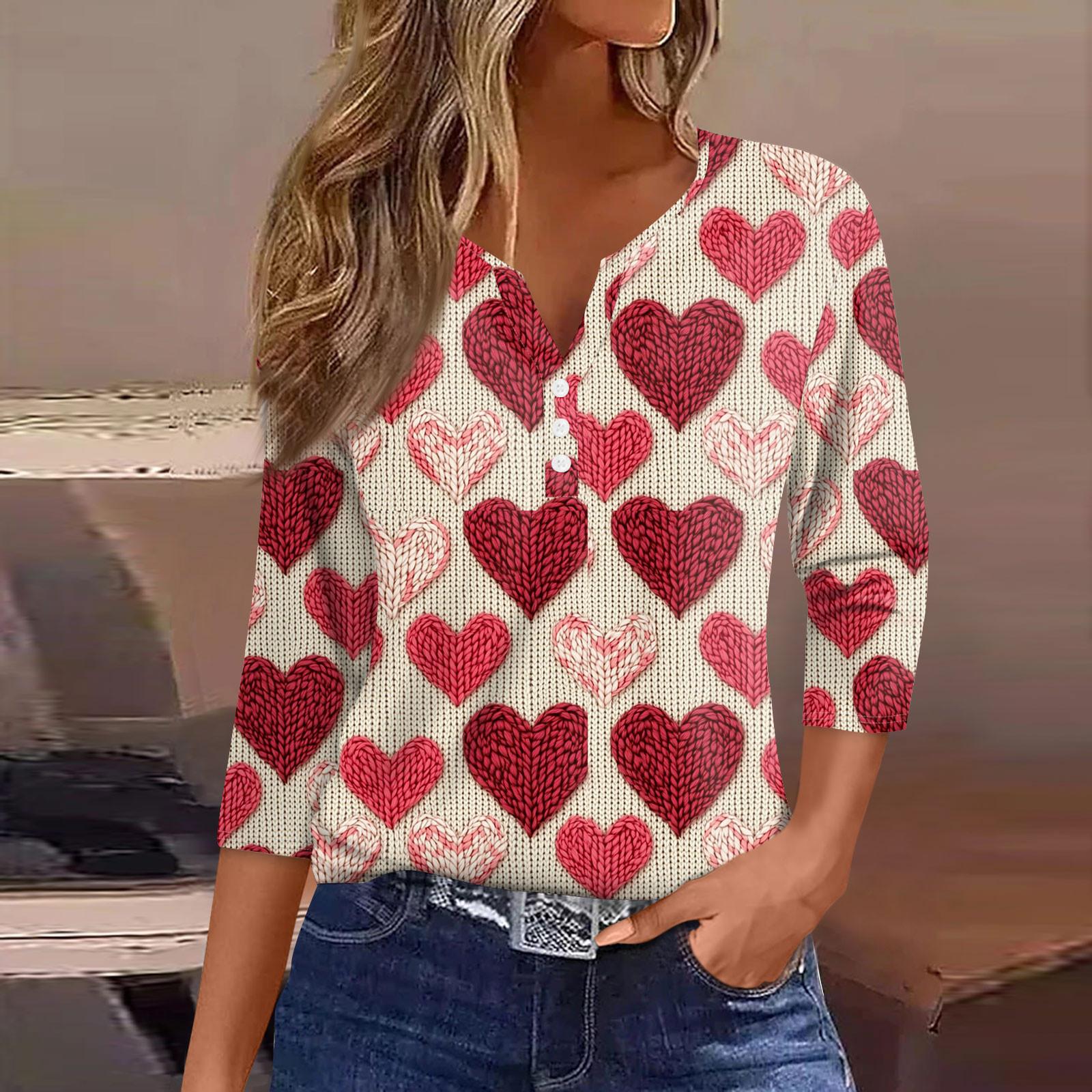 Women s Fashion Casual Valentine s Day Printed V-Neck Seven Sleeve Button Down T-Shirt Top L