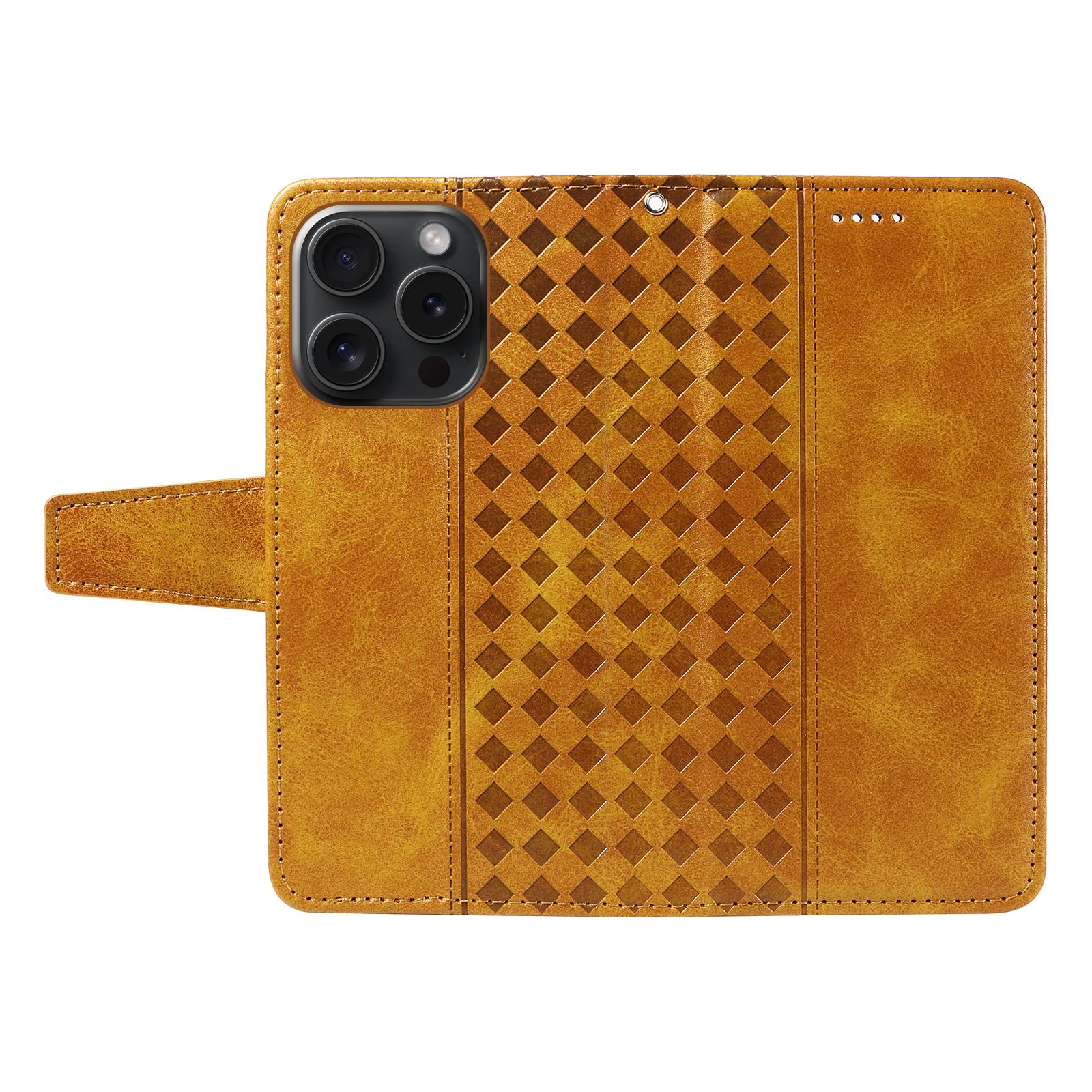 

For iPhone 15 Pro Leather Case Wallet Stand Grids Imprinted Phone Cover with Strap Green