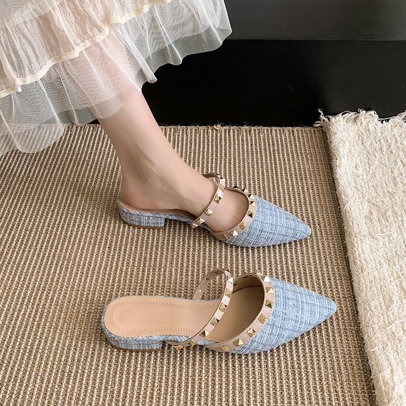 Fashion Rivet Wrapped Head Semi-drag Women Wear New Pointed Toe Shallow Mouth Slip-on Low-heeled Shoes in Summer