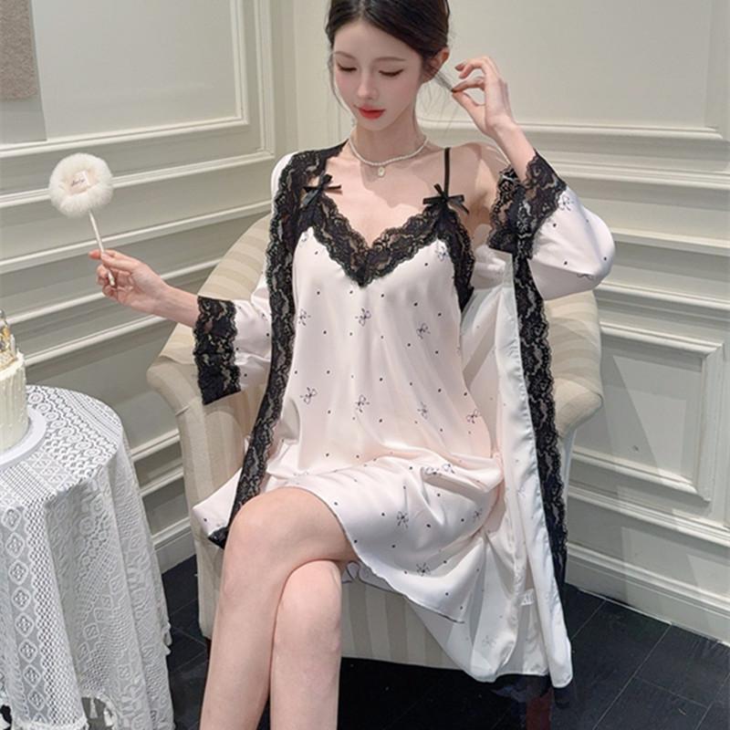 Ice silk pure desire wind suspender nightdress spring and summer sexy lace nightgown high sense two-piece set sweet loungewear women