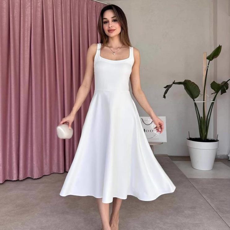 2025 Summer Women's French-Style Sleeveless Backless Mid-Length Dress