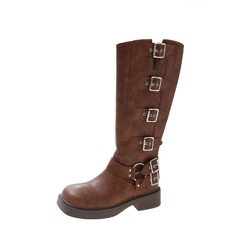 Fashion Winter Thick Heel Woman Knee High Boot Fashion Side Zippers Shoes Vintage Belt Buckle Ladies Knight Long Booties