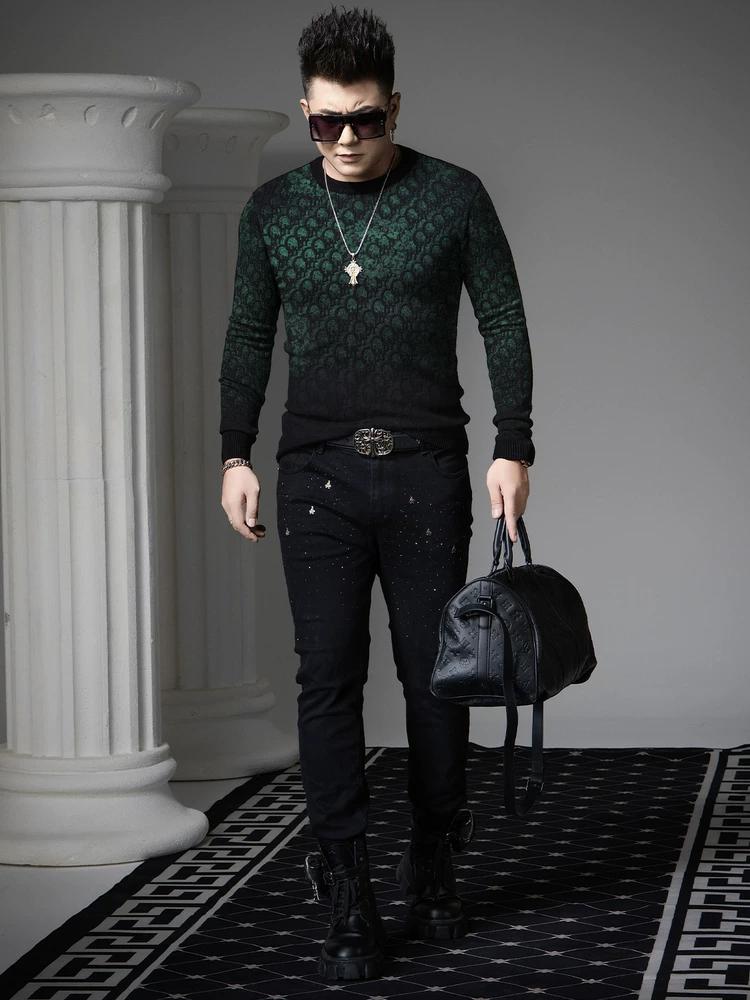 European Trendy Brand Round-Neck Sweater for Men, 2025 Autumn and Winter New Style, Velvet Print, Warm Long-Sleeve Knitted Base Shirt