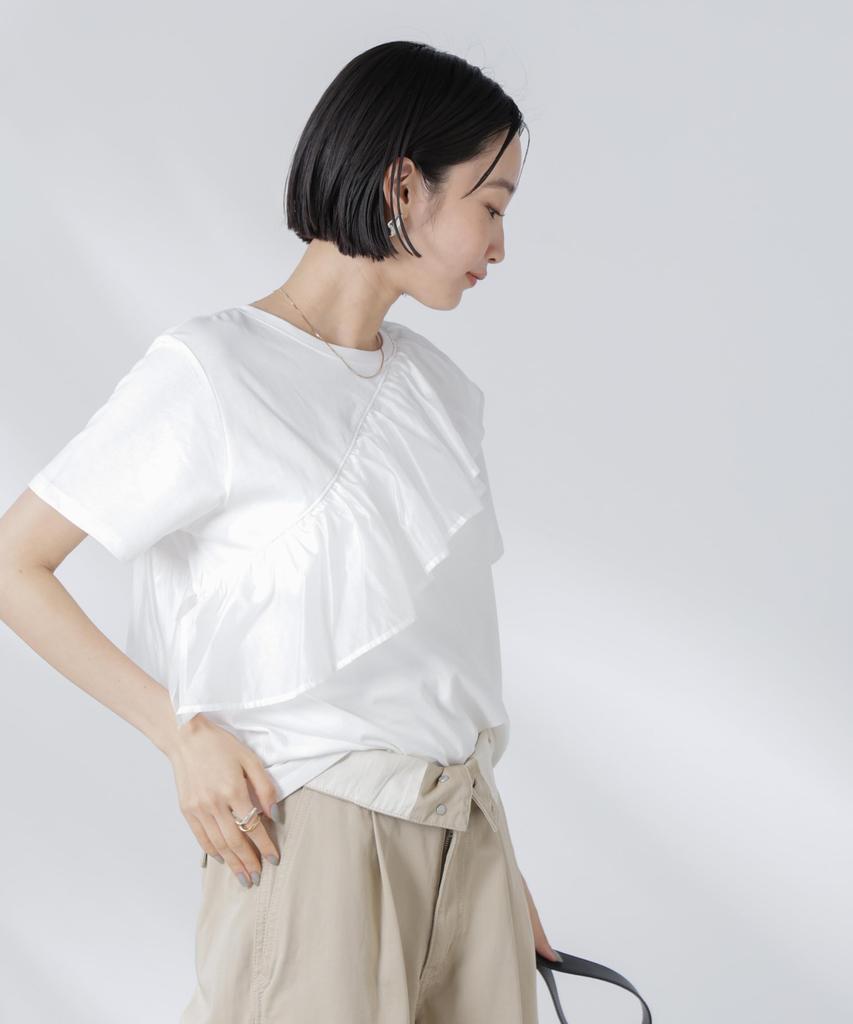 Nano Universe Asymmetrical Ruffle with Mixed Size F Women's T-Shirt Materials, White, 030, 673-5224303