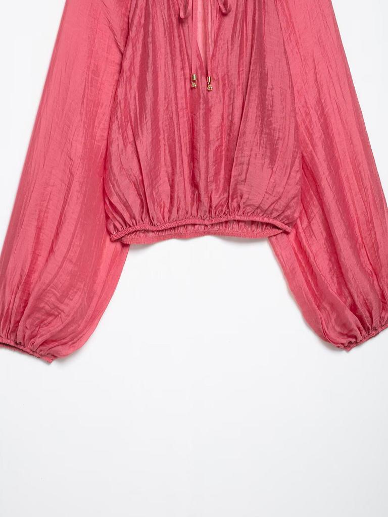 ZA Women's 2025 Spring European & American Style Crinkle Ruffle Stand Collar Short Top and Midi Skirt Set