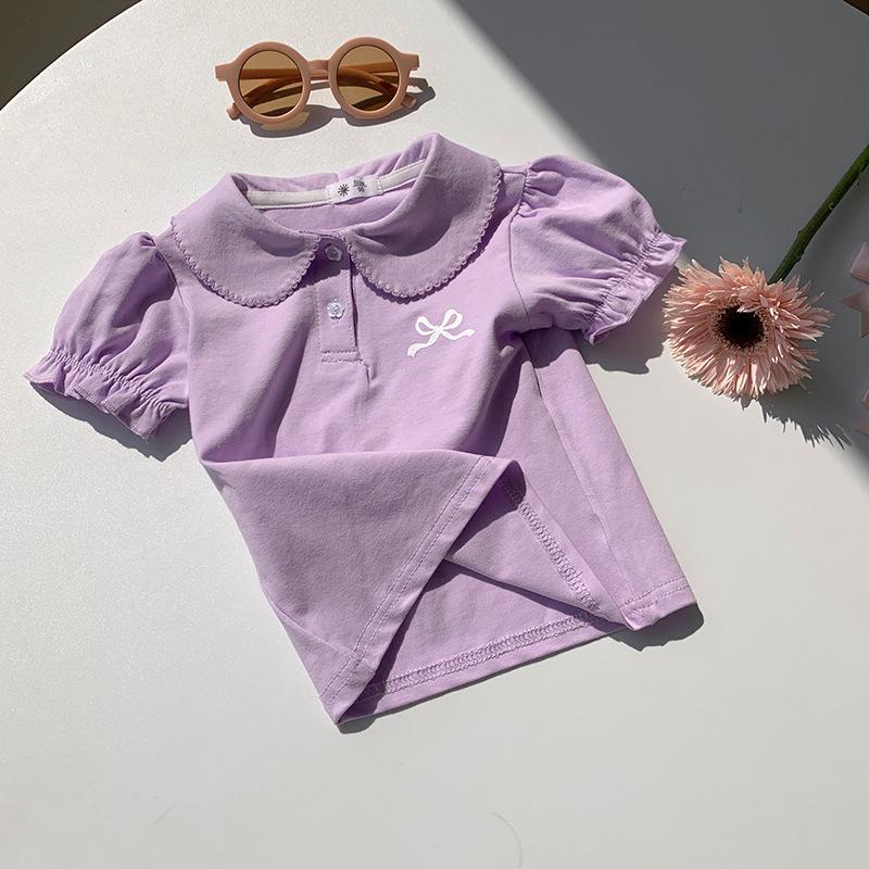 

Girls Casual Candy-colored Short-sleeved T-shirt For Summer, Cute Bow-shaped Lantern-style Half-sleeved Top For Children 90cm