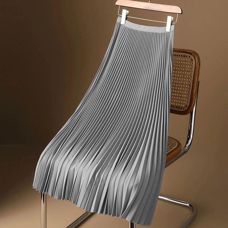 

Solid Color Elastic Waistband Satin Pleated Pure Color Satin Pleated Skirt Silver L