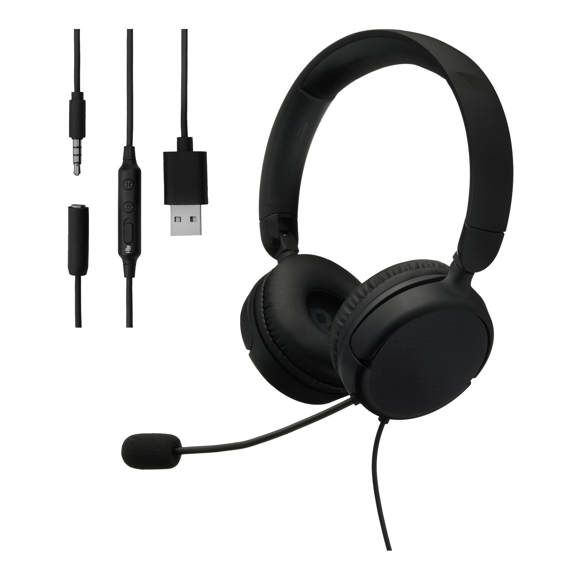 

Amazon Basics Wired On-Ear Headset with Mic, 3.5mm/USB-A Port Compatible, In-Line Controller, Foldable, One Size, Black